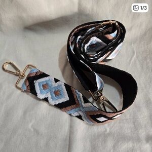 Bag strap adjustable woven with a tribal or geometric pattern gold-tone hardware